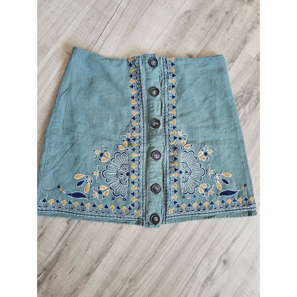 Blue Rain Sage Green Embroidered Linen Blend Button Front Mini Skirt B9SS1011 S